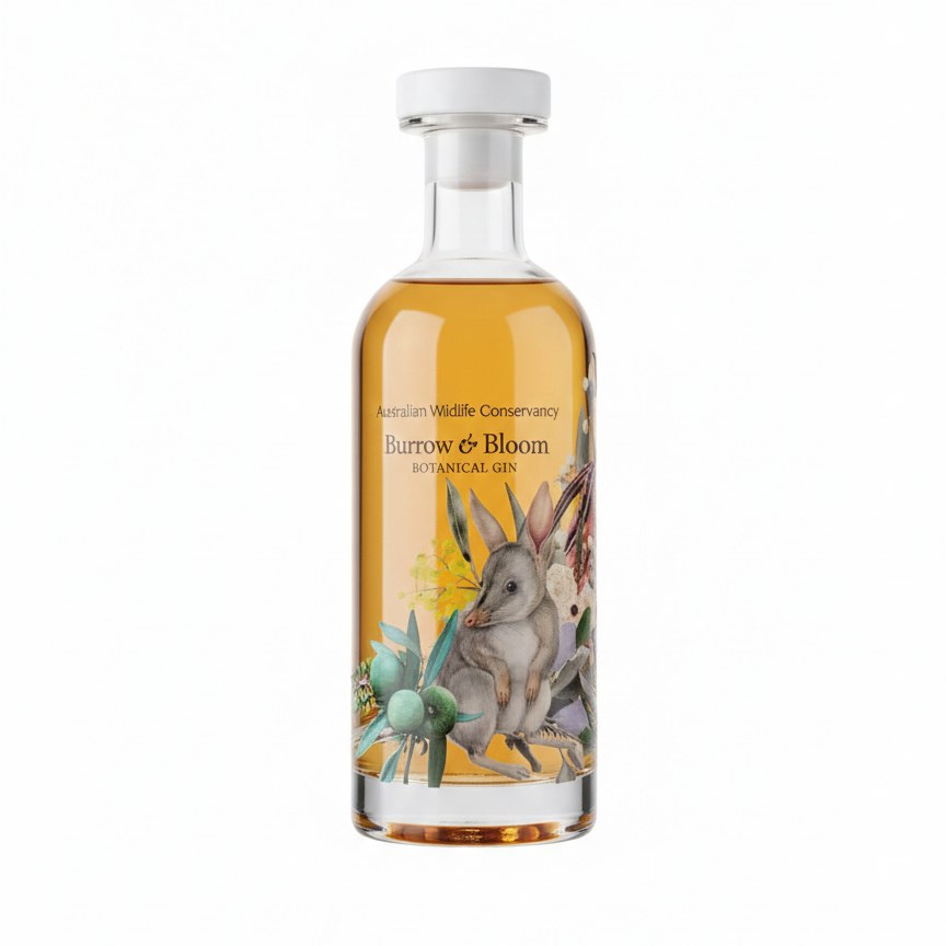 Burrow & Bloom Botanical Gin bottle with bilby label artwork