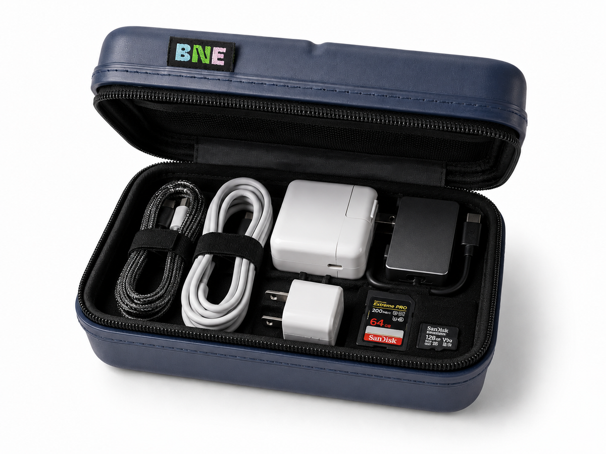 The BNE capsule reused as a tech case for chargers, cables and memory cards