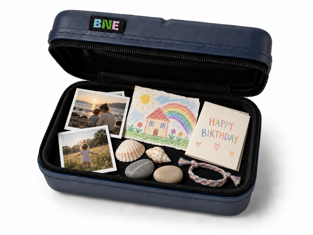 The BNE capsule reused as a keepsake box for photos, shells, a child's drawing and a birthday card