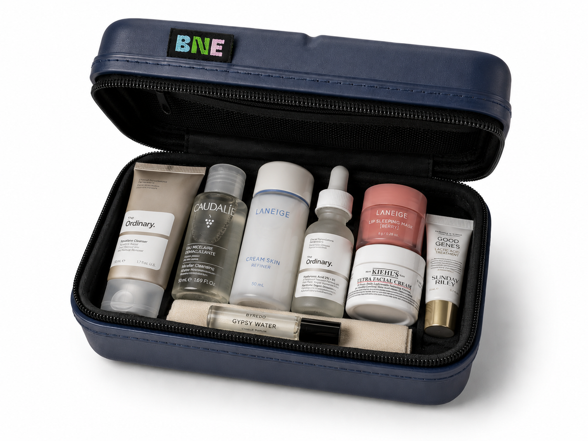 The BNE capsule reused as a travel case for skincare and cosmetics