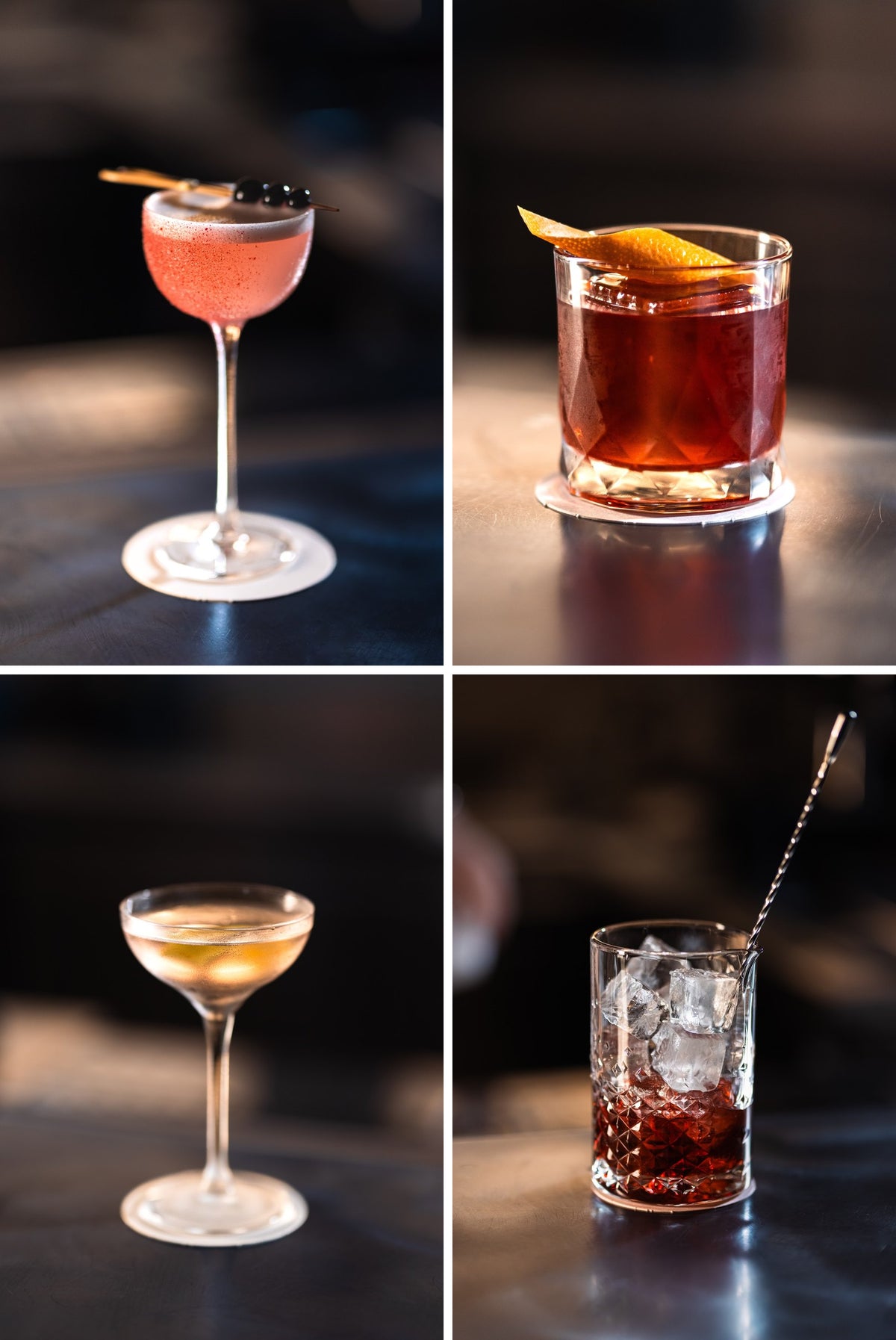 Four cocktails at the BY.ARTISANS bar in West End, Brisbane: a pink coupe, an amber old fashioned with orange peel, a golden martini and a stirred red cocktail